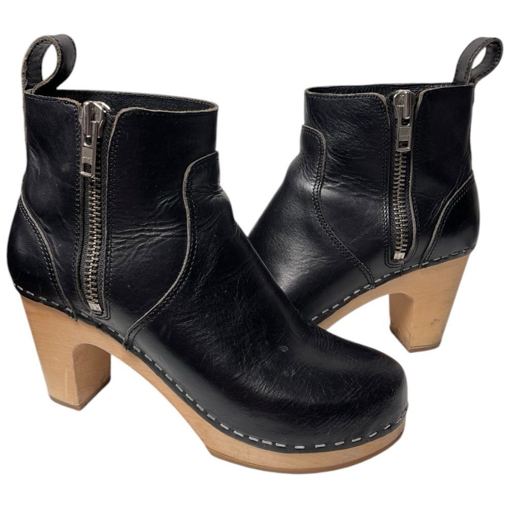 Swedish Hasbeens Black Ankle Boots with Tan Heel